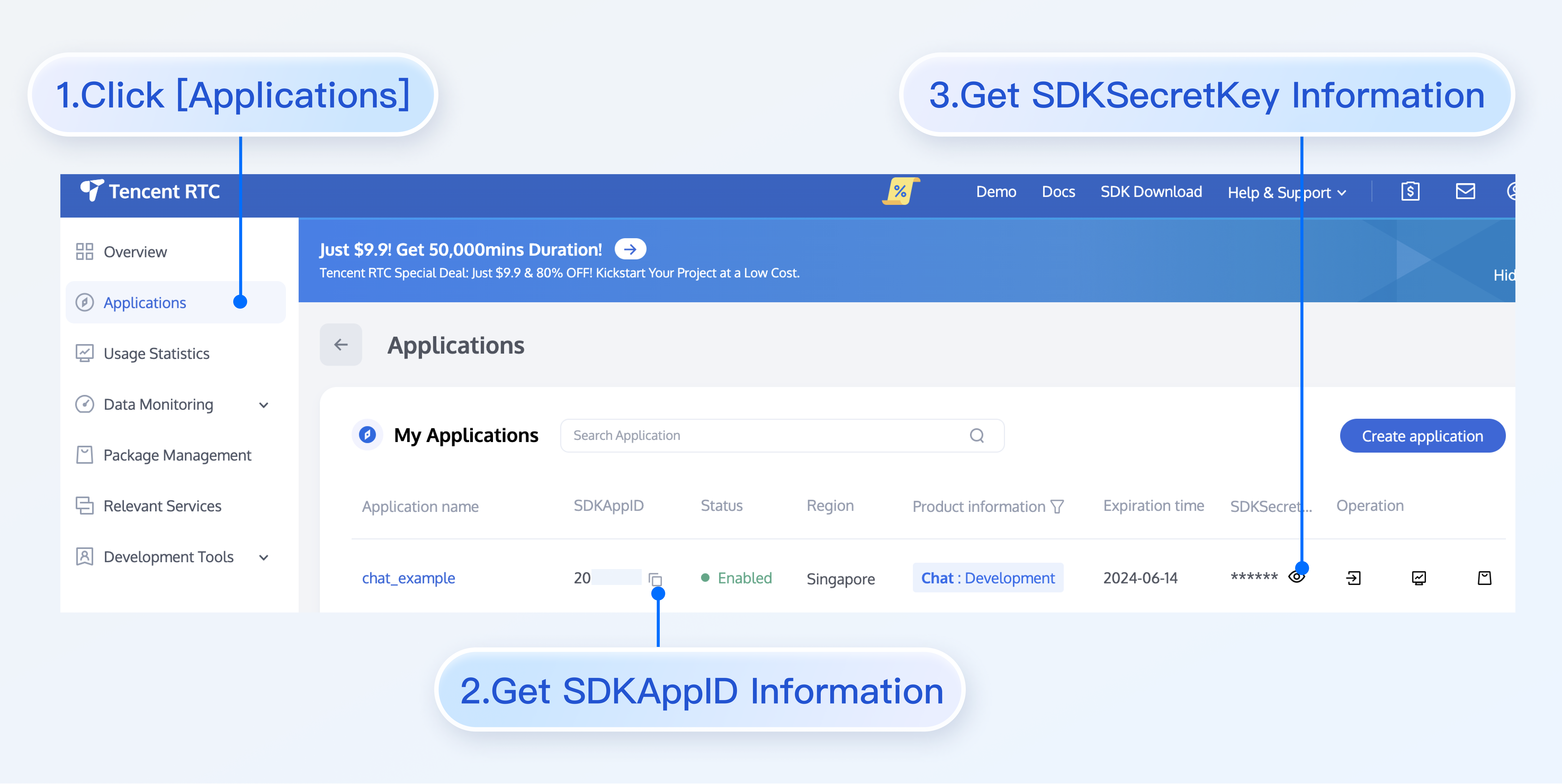 Create application interface with steps to click 'Create Application' and 'Get SDKAppID Information'.