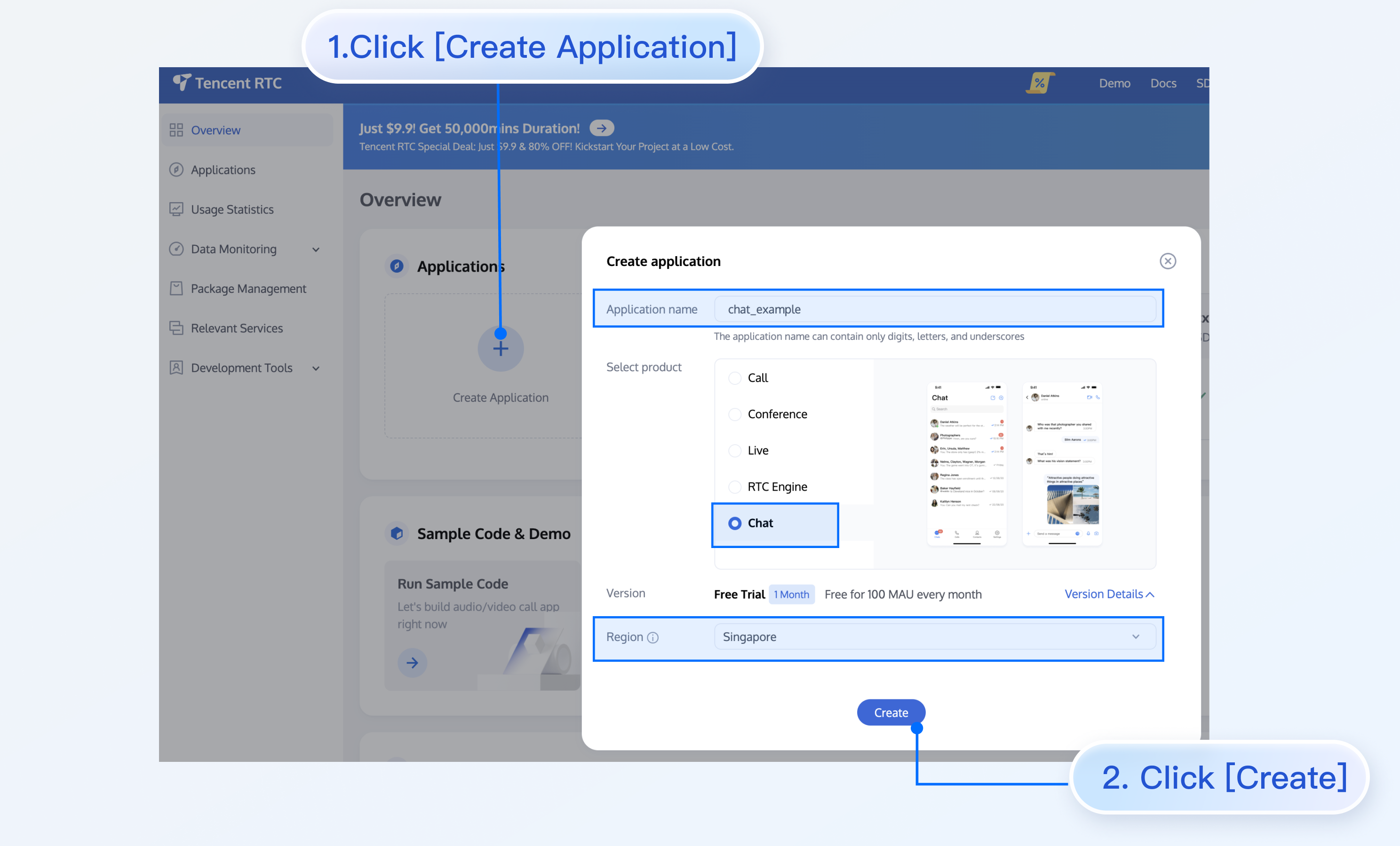 Create application interface with steps to click 'Create Application' and 'Create' buttons.