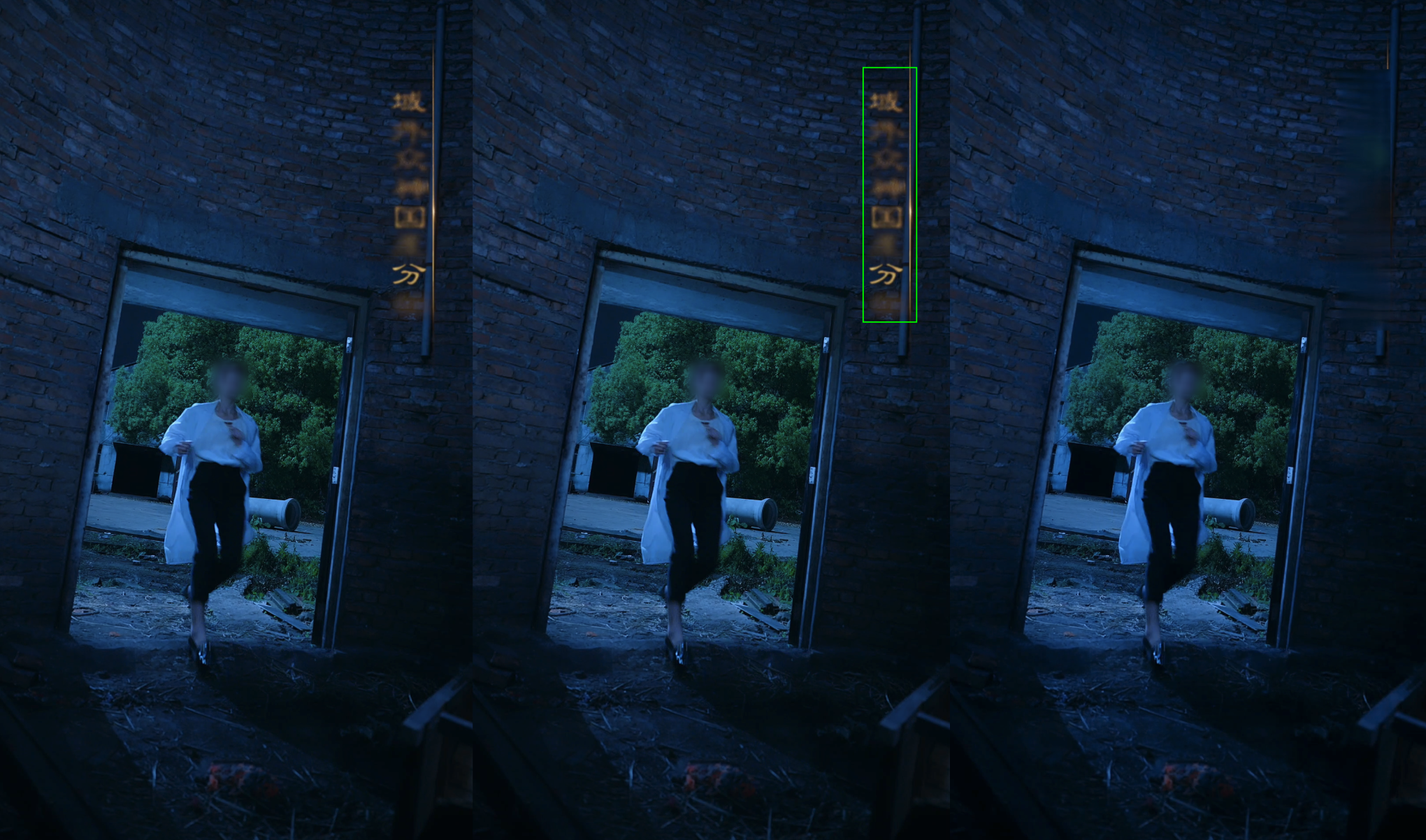 Left: Original video. Middle: The green box represents the erasing area specified by custom_objs. Right: Erasing effect (due to the special subtitle style, the Area Edition subtitle removal model is used).