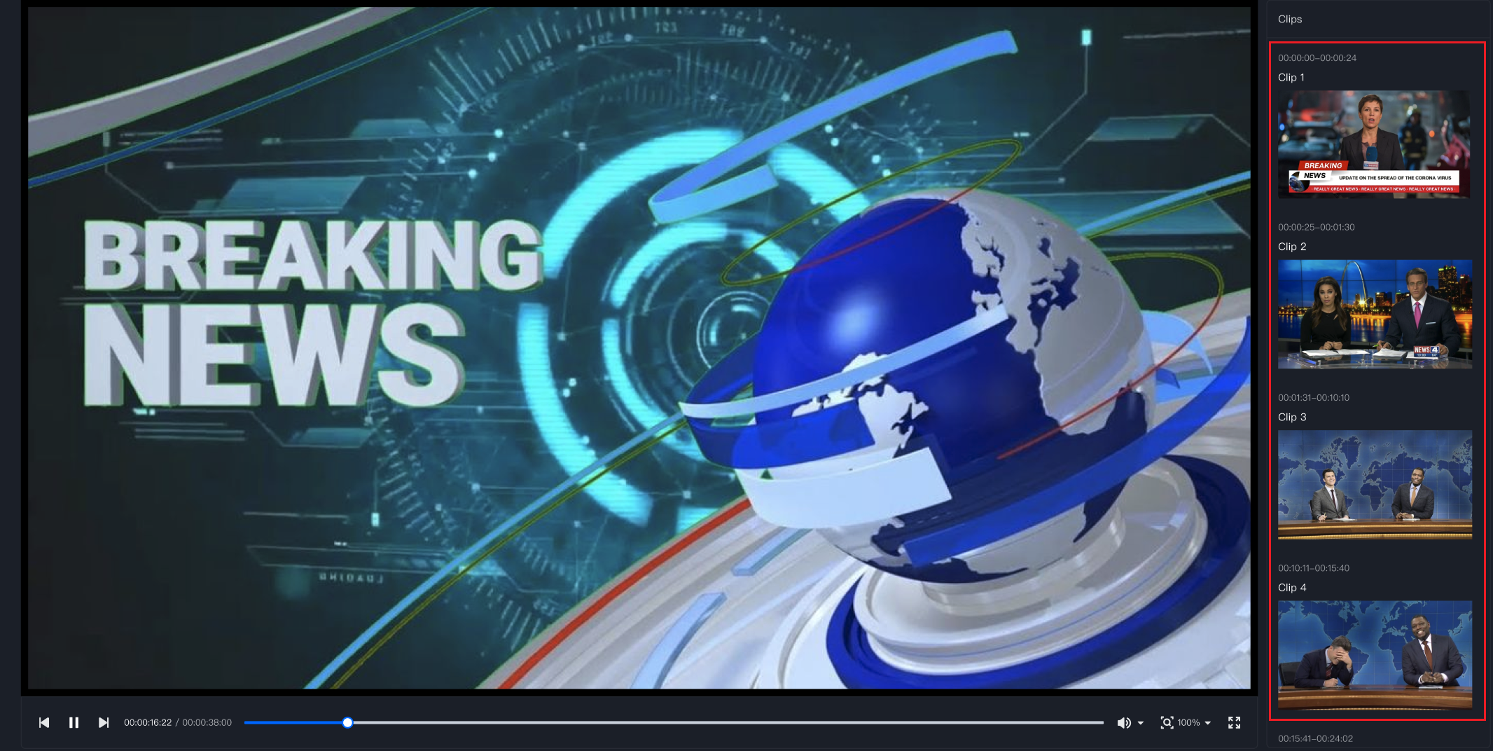 The original video is about 30 minutes, and the result after video splitting is in the red box. The news event video is divided into multiple short videos of several minutes each.