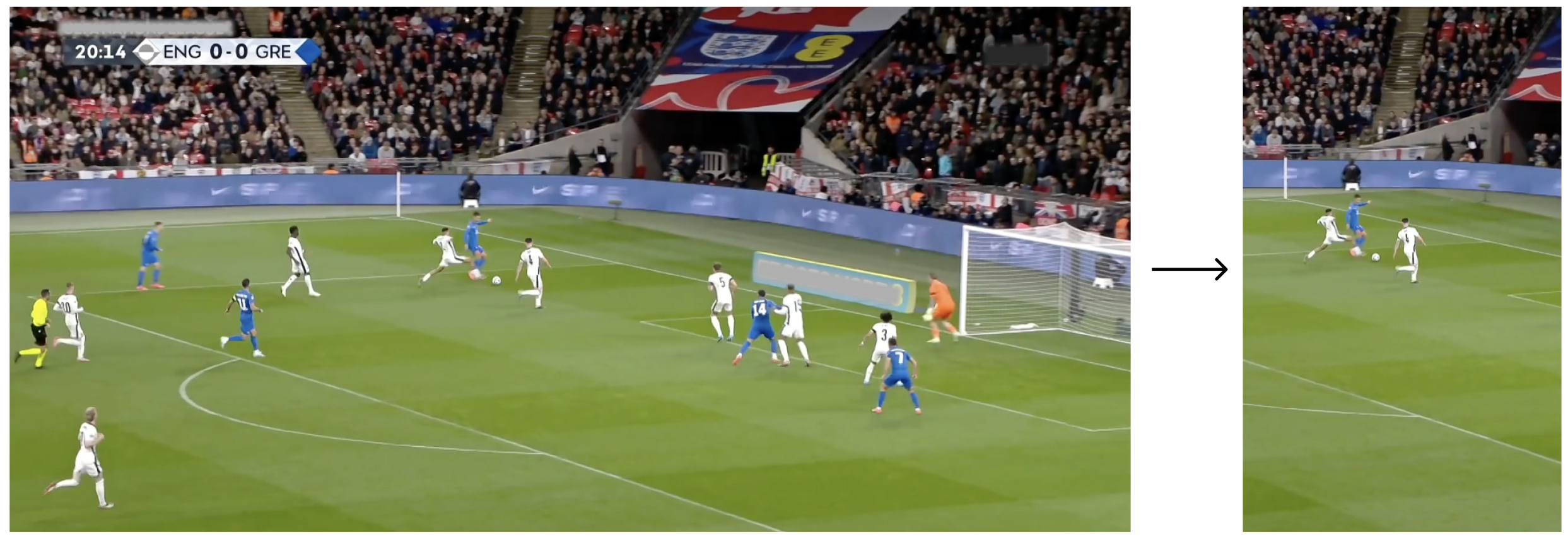 Intelligent cropping is performed by following the ROI (typically the location of the ball in sports videos) when the video is converted into a vertical one.